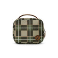 Plaid patterned lunch bag with a brown handle on a white background