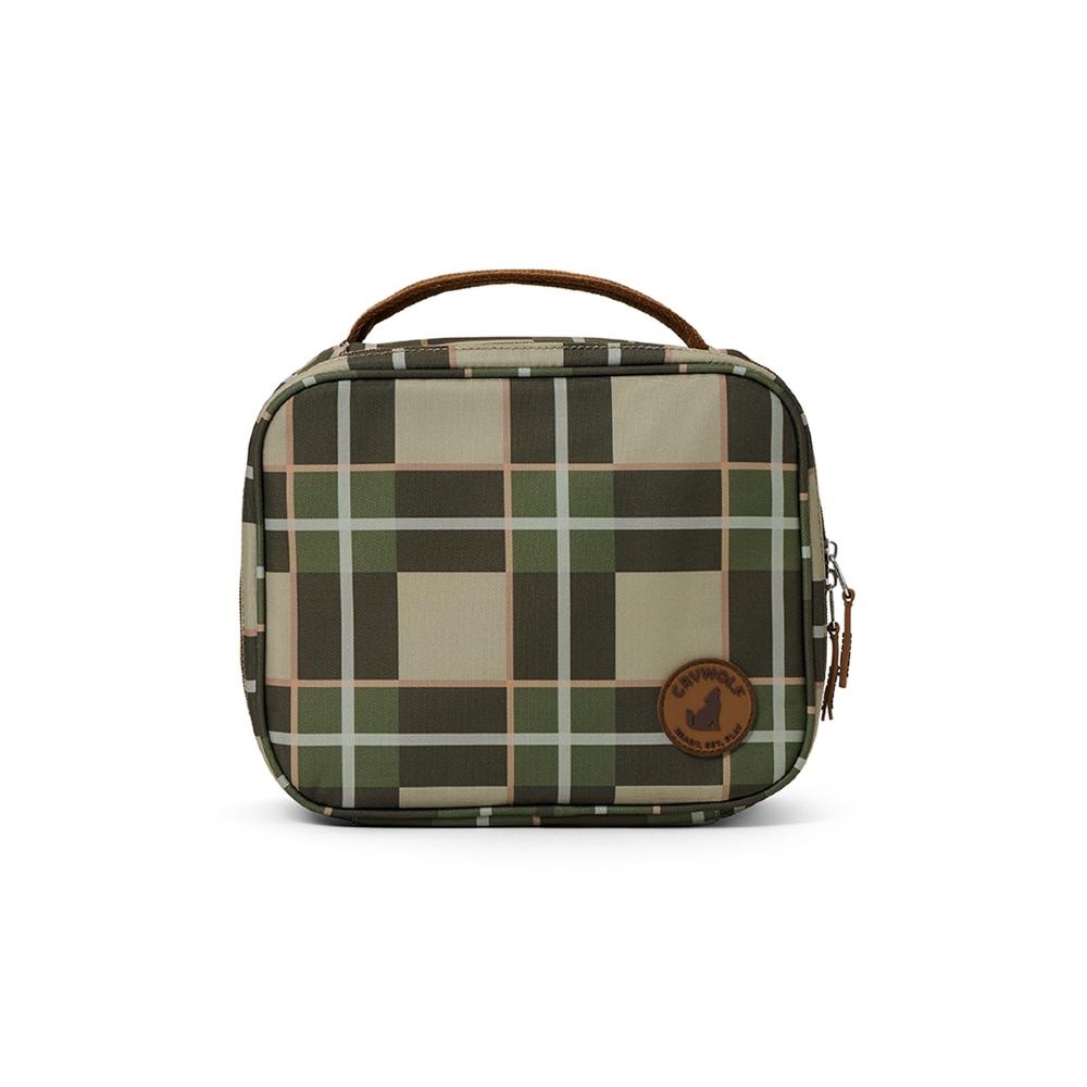 Plaid patterned lunch bag with a brown handle on a white background