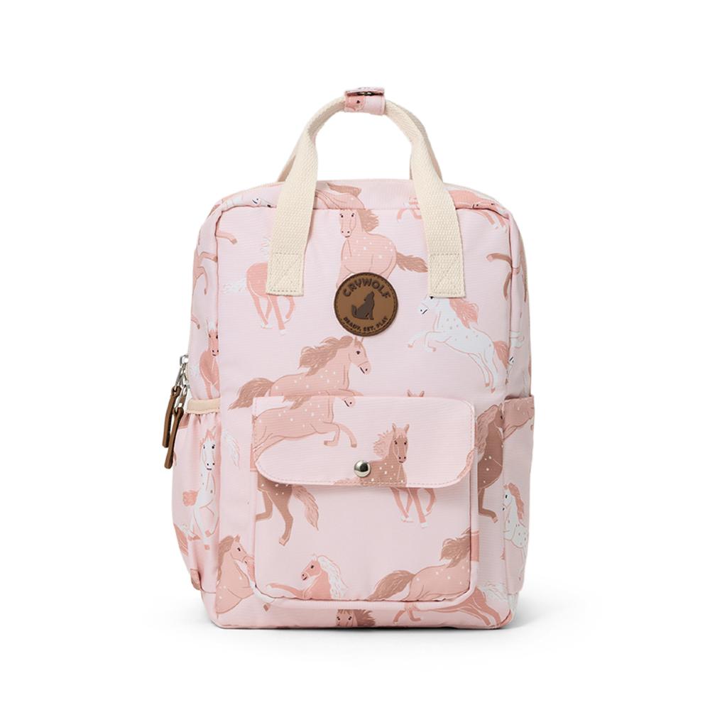 Pink backpack with horse pattern on a white background