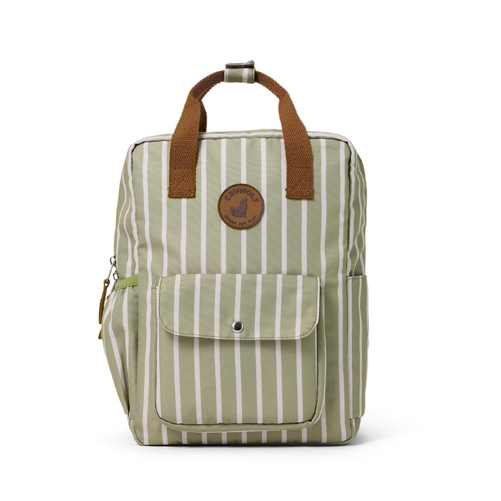 Green and white striped backpack with brown straps on a white background