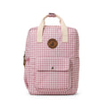 Pink gingham backpack with a visible brand logo on a white background