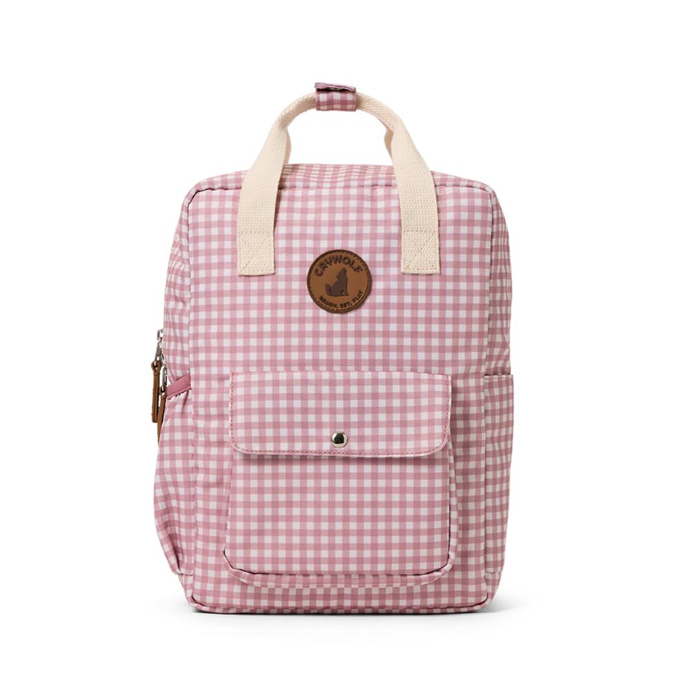 Pink gingham backpack with a visible brand logo on a white background