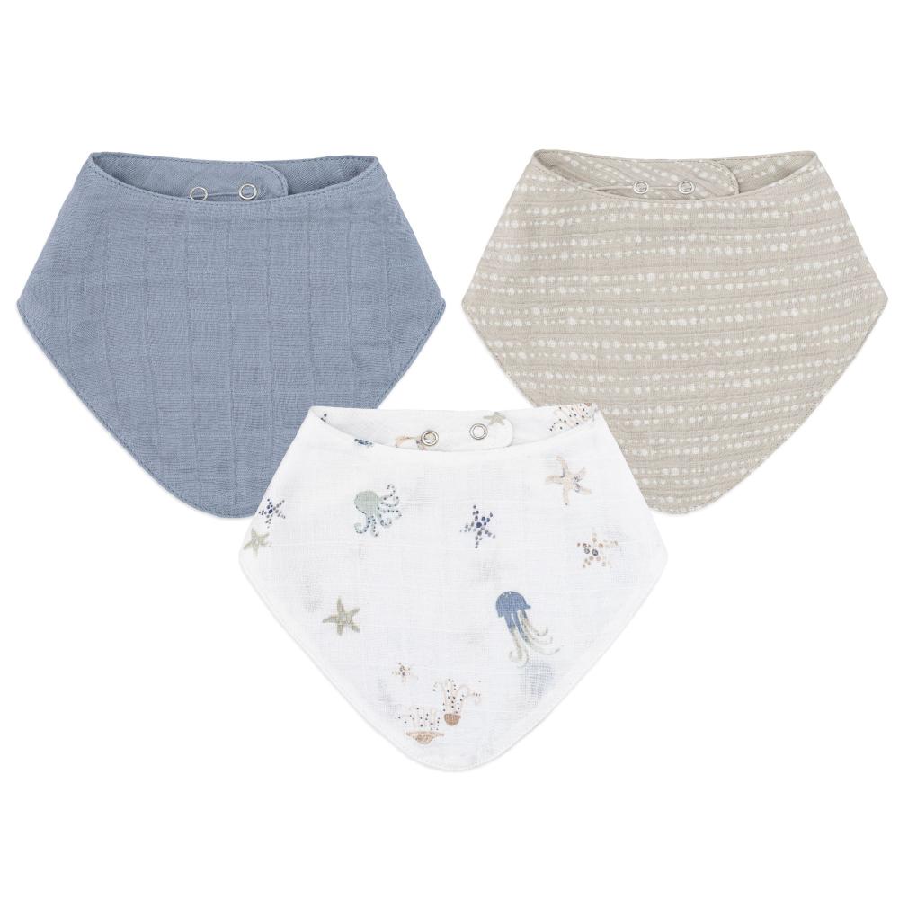 Muslin Bandana Bib Set 3pk - Cove - Sea Life on a white background