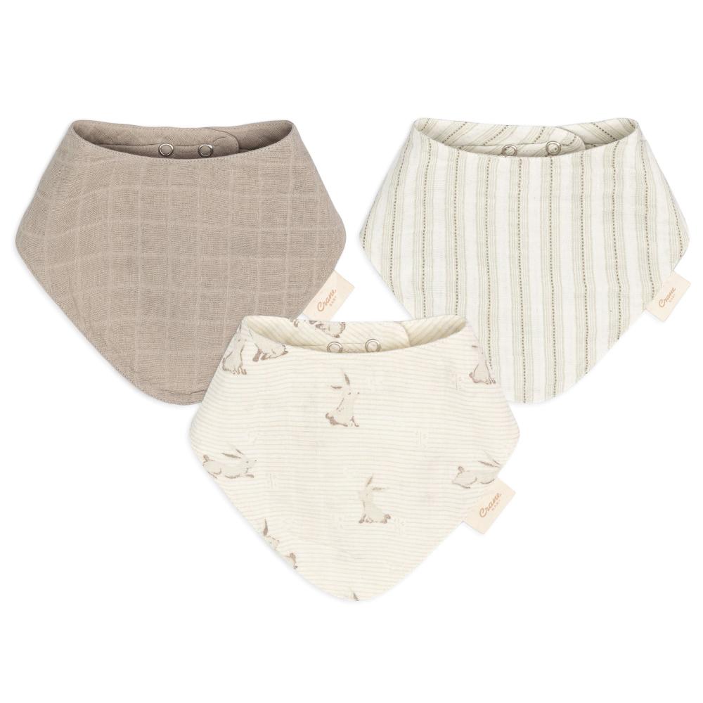 Organic Muslin Bandana Bib Set 3pk - Avery Bunny on a white background