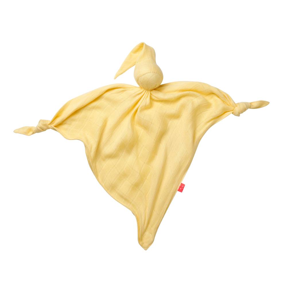 Lemon coloured Mussy muslin Cuski baby comforter with on a white background