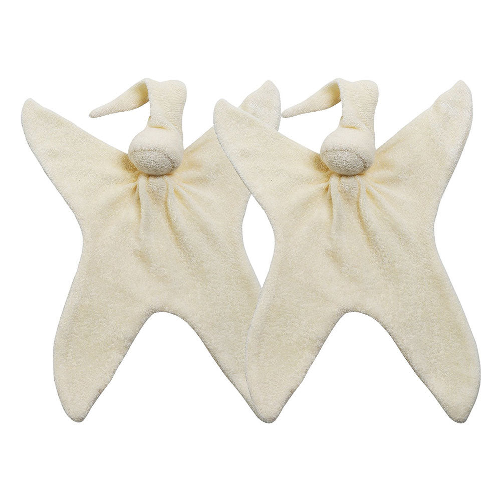 Two cream-colored Cuskiboo plush baby comforters on a plain white background.