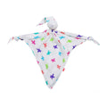A white muslin Mussi Cuski baby comforter featuring a bunny head and long ears, with a triangular body covered in a colorful pattern of small butterflies in pink, blue, green, and purple, set against a plain white background.