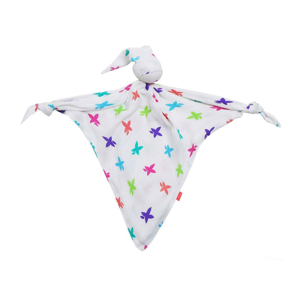 A white muslin Mussi Cuski baby comforter featuring a bunny head and long ears, with a triangular body covered in a colorful pattern of small butterflies in pink, blue, green, and purple, set against a plain white background.