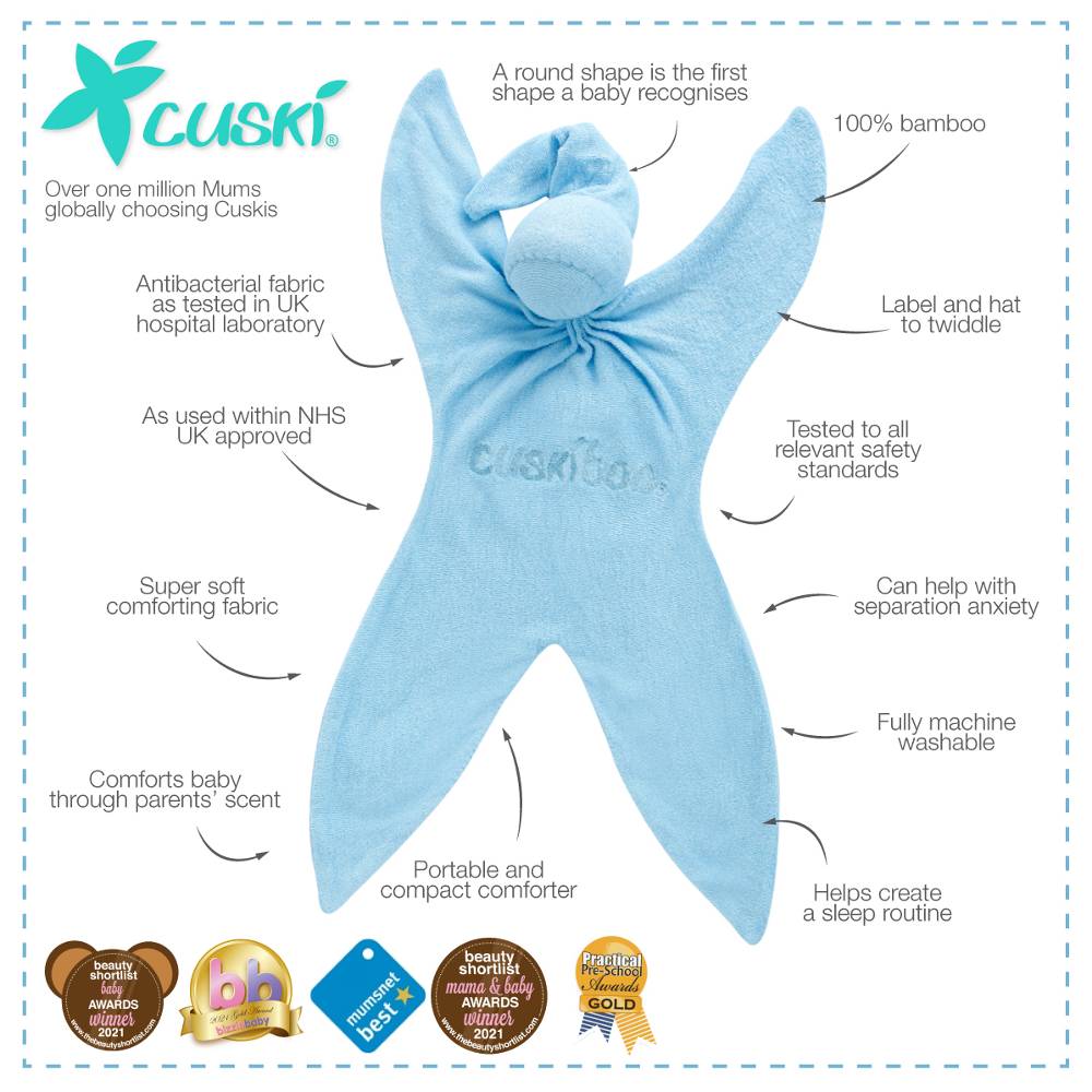 Blue Cuskiboo infant comforter on white background with text showing key features