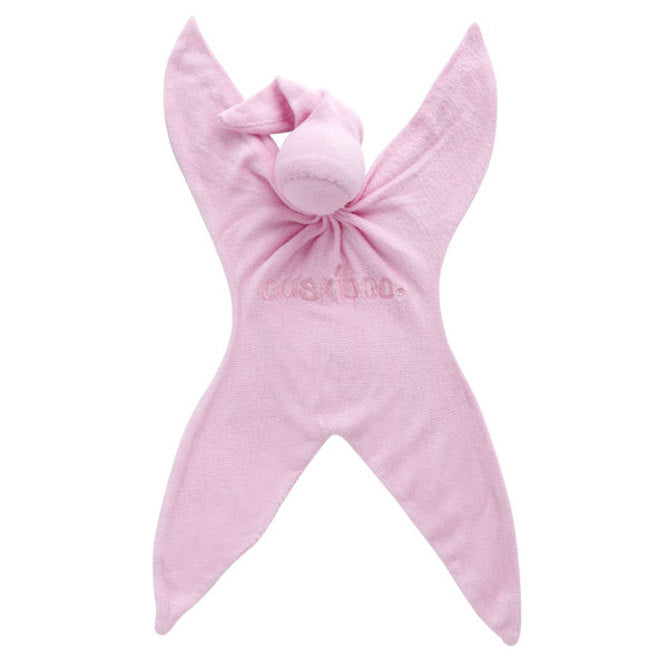 Pink Cuskiboo baby comforter with a white background