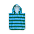 A striped hooded towel or poncho-style towel with alternating green and light blue horizontal stripes, a white-trimmed edge, and the brand name 'CRYWOLF' printed in white across the chest. The hood lining is light blue.