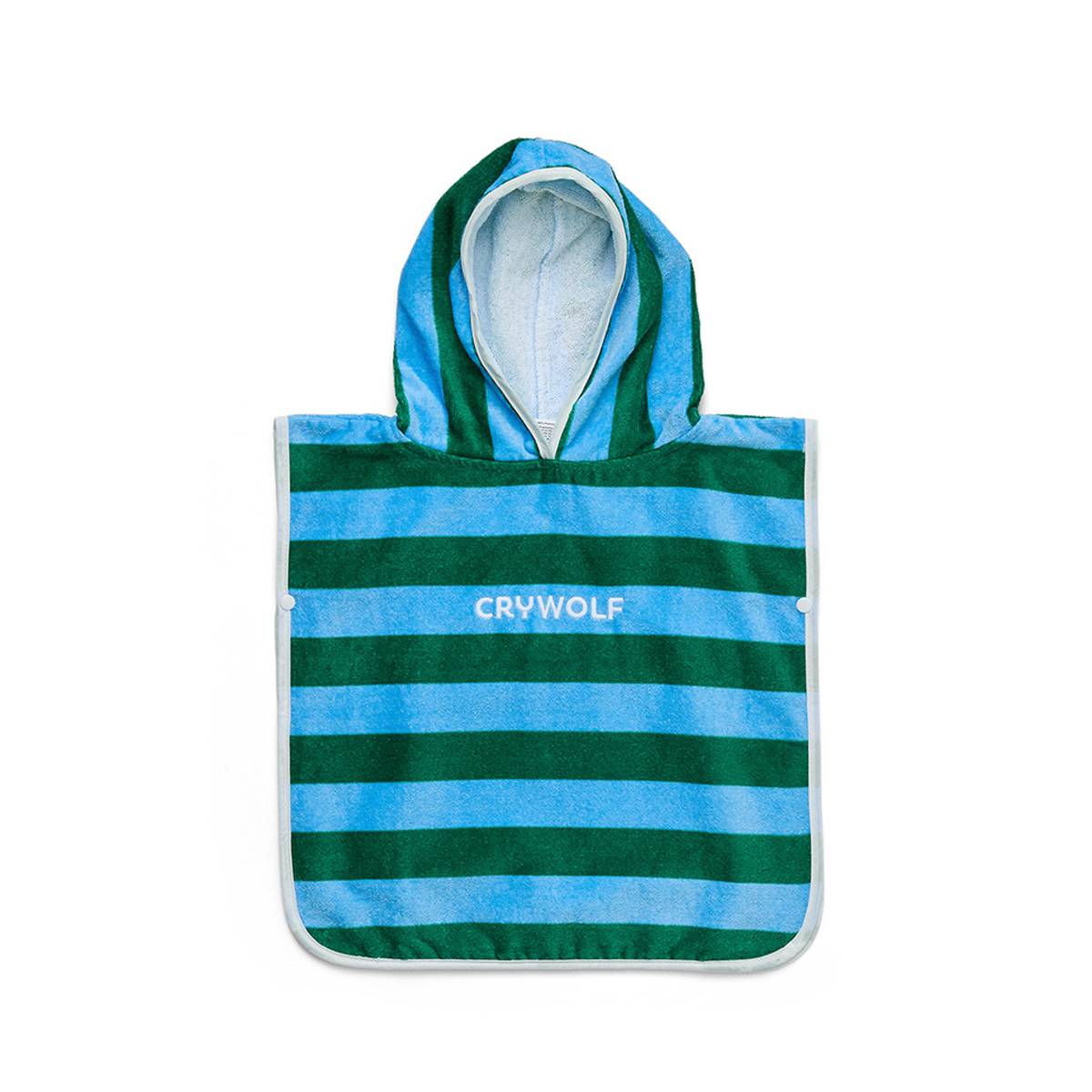 A striped hooded towel or poncho-style towel with alternating green and light blue horizontal stripes, a white-trimmed edge, and the brand name 'CRYWOLF' printed in white across the chest. The hood lining is light blue.