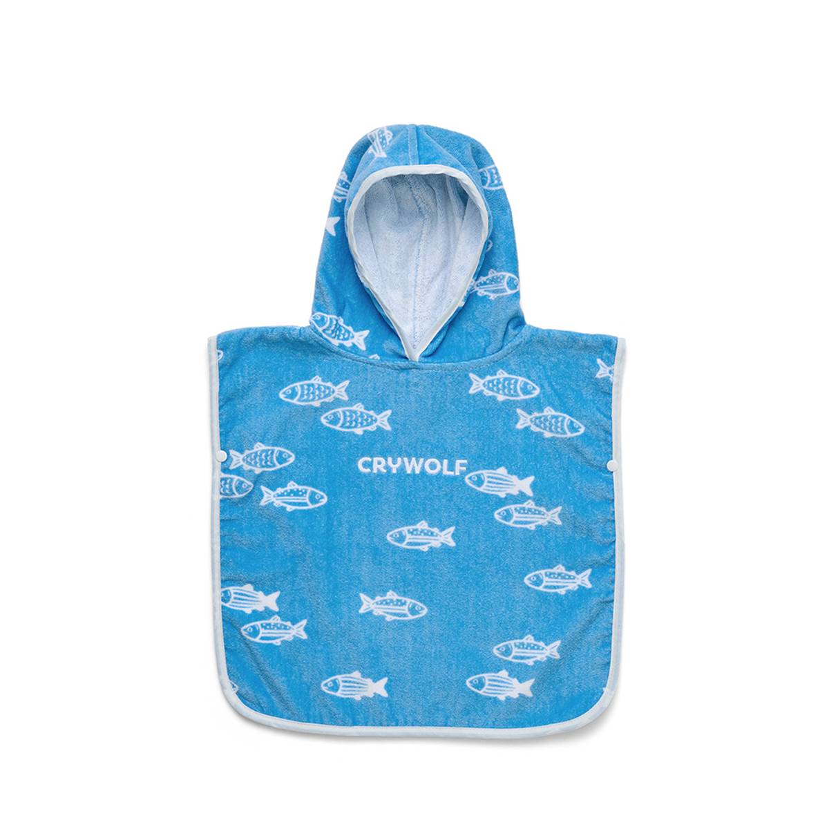 A blue hooded towel with a white fish pattern and the brand name 'CRYWOLF' printed in the center, shown against a plain white background.