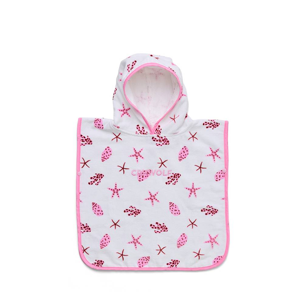A white hooded baby towel with pink trim and an all-over pink and red starfish and seashell pattern, shown flat against a white background.