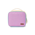 A pastel-colored zippered lunch bag or toiletry case with a lavender front panel, mint blue trim, yellow top edge, and cream handle, shown on a white background.