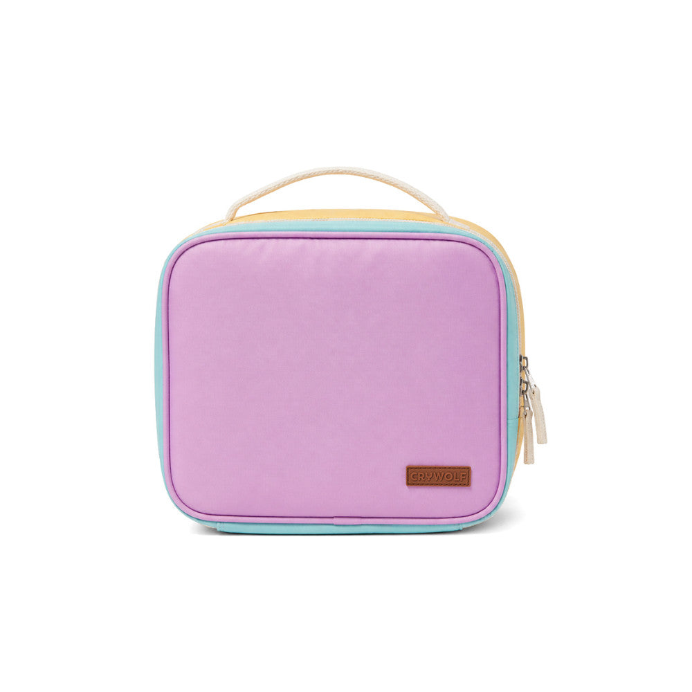 A pastel-colored zippered lunch bag or toiletry case with a lavender front panel, mint blue trim, yellow top edge, and cream handle, shown on a white background.