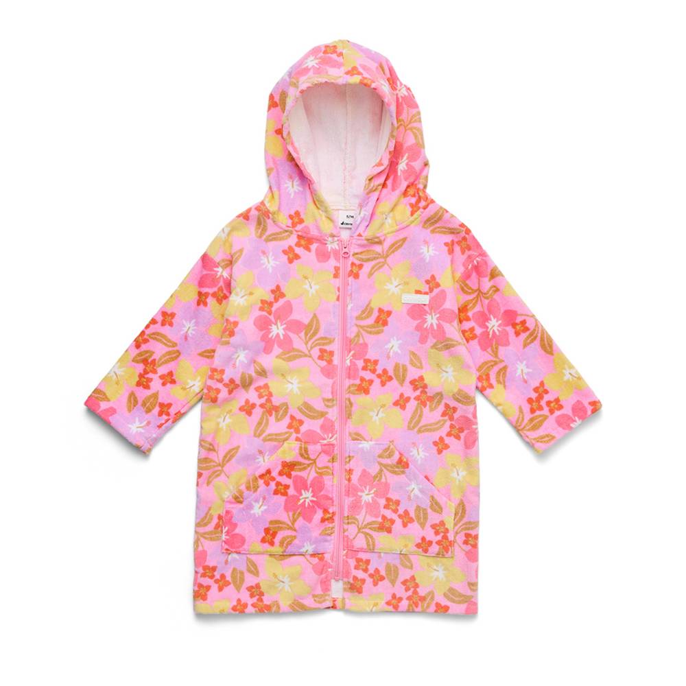 A children's hooded zip-up towel with a vibrant pink, yellow, and orange floral pattern, displayed flat against a white background.