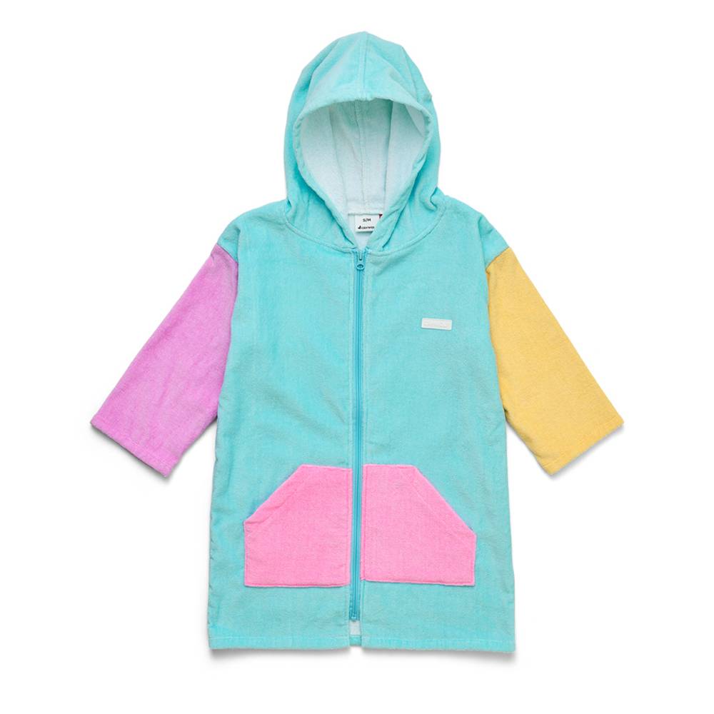 A children's zip-up hooded towel in a light aqua blue fabric, featuring contrasting pink and yellow towel sleeves and a pink kangaroo pocket on the front.