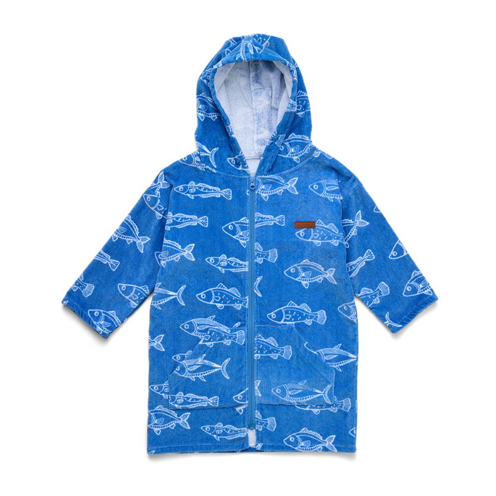 A blue hooded zip-up towel with an all-over white fish print, featuring a small brown rectangular patch on the chest, displayed flat against a white background.