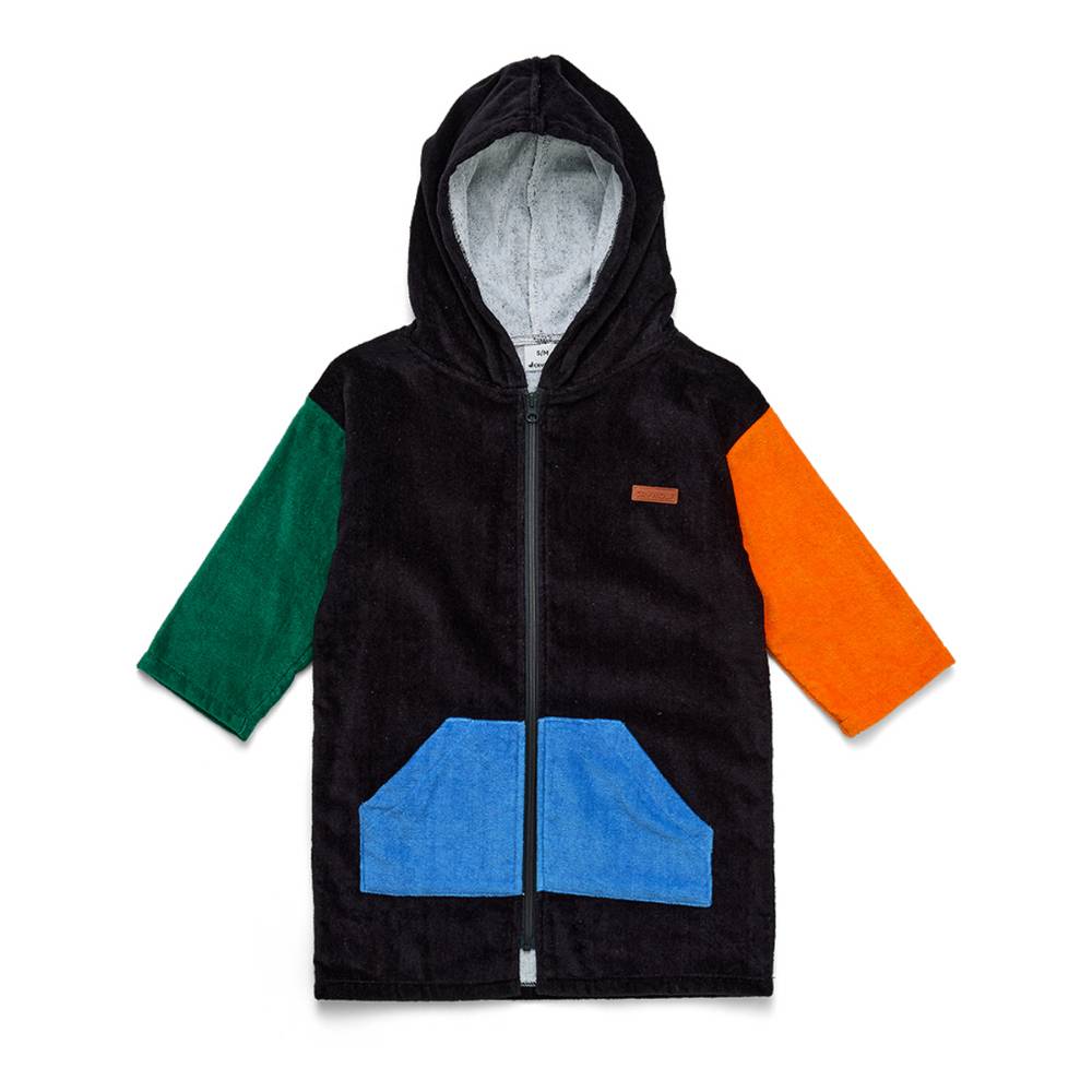 A hooded zip-up towel featuring a black body, a green sleeve, an orange sleeve, and a blue front pocket, shown against a plain white background.