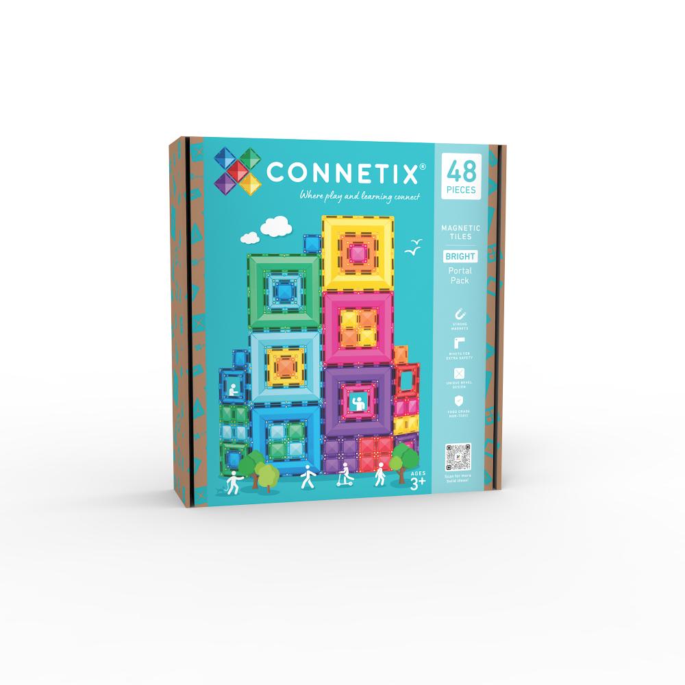 Connetix toy packaging with colorful building blocks on a white background