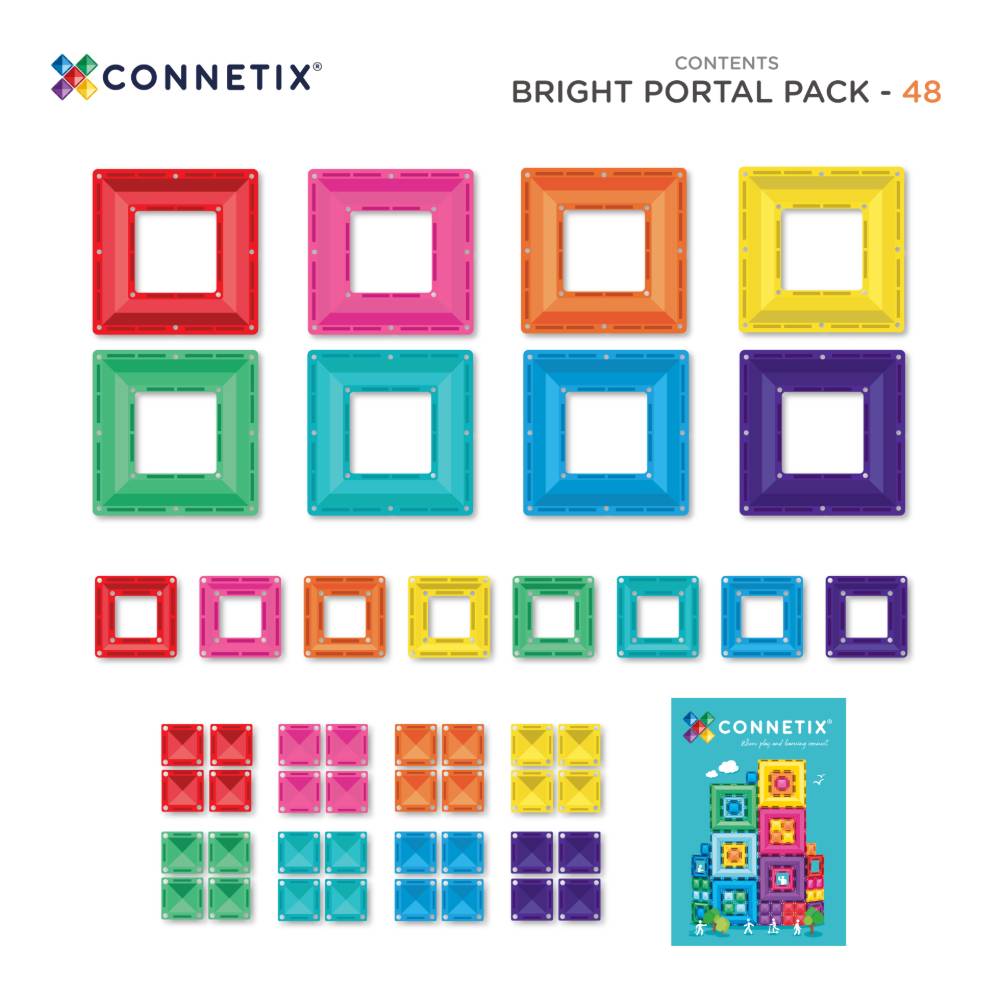 Colorful square tiles and packaging for Connetix Bright Portal Pack on a white background