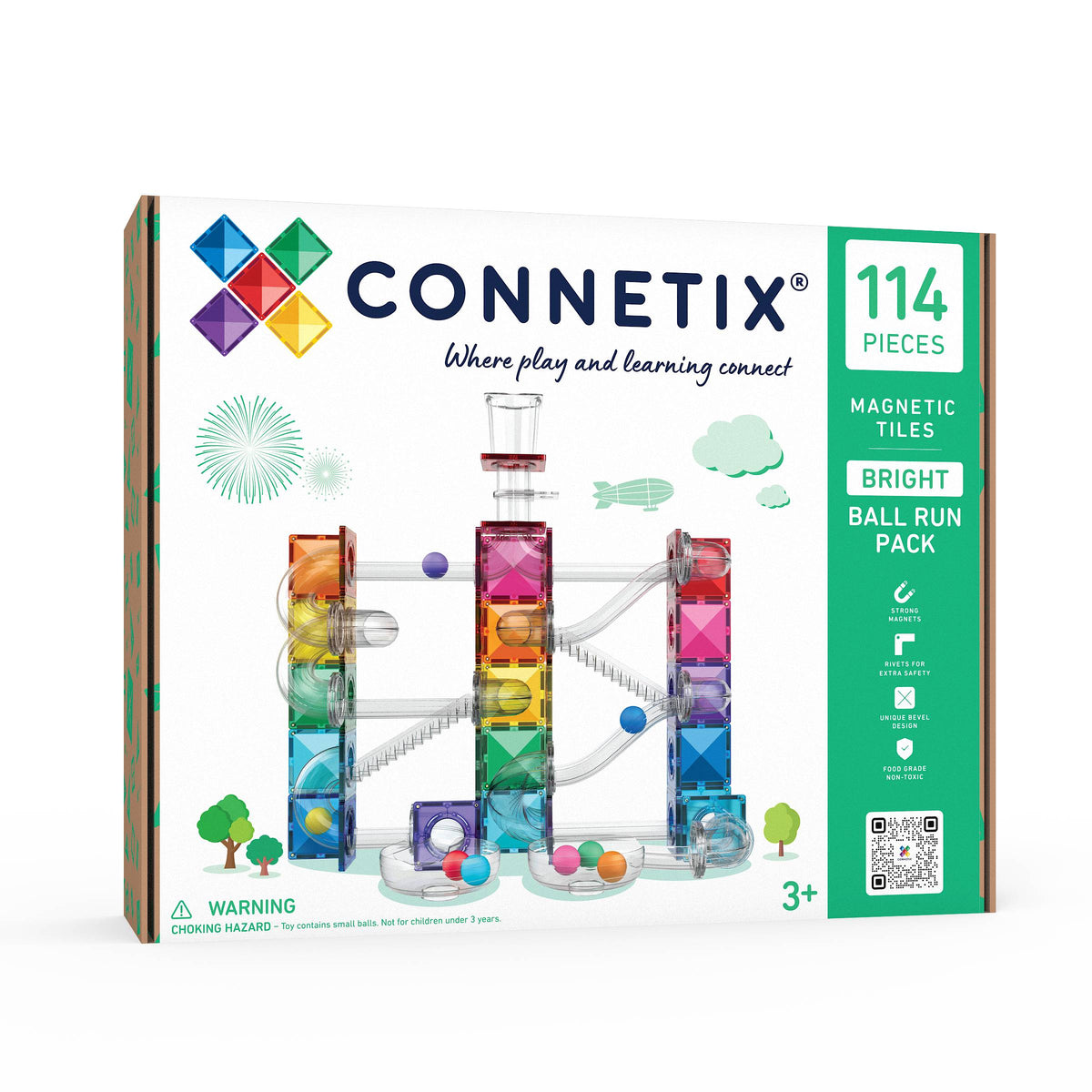 Connetix Bright Ball Run Pack box, containing 114 pieces of magnetic tiles and balls, shown on a clean white background.