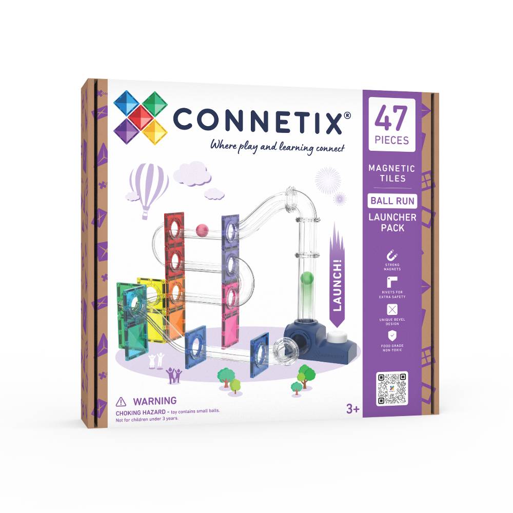 Connetix Ball Run Launcher Pack toy box, featuring a purple and white design with an illustration of the magnetic tile ball run track and a 47-piece set.