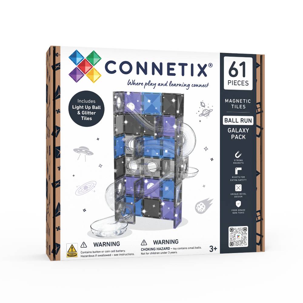 Connetix Galaxy Pack Ball Run toy set in its retail packaging, featuring 61 pieces including magnetic tiles, clear tubes, and a light-up ball.