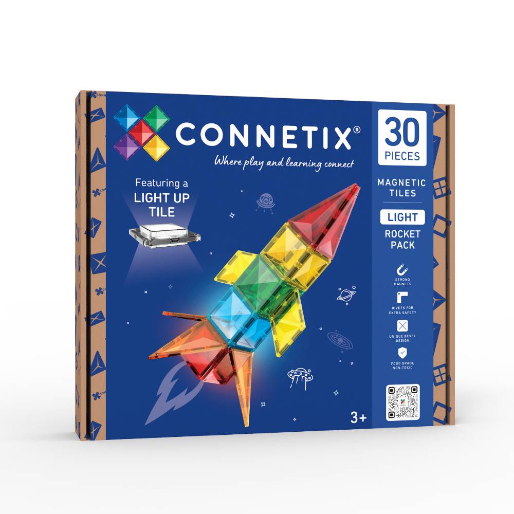 Connetix Light Rocket Pack toy set in its original blue cardboard packaging, featuring a 30-piece set of magnetic tiles and a light-up tile.