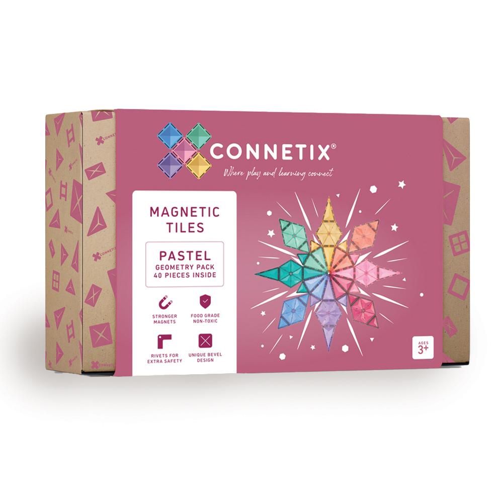Connetix magnetic tiles packaging with pastel color design on a white background