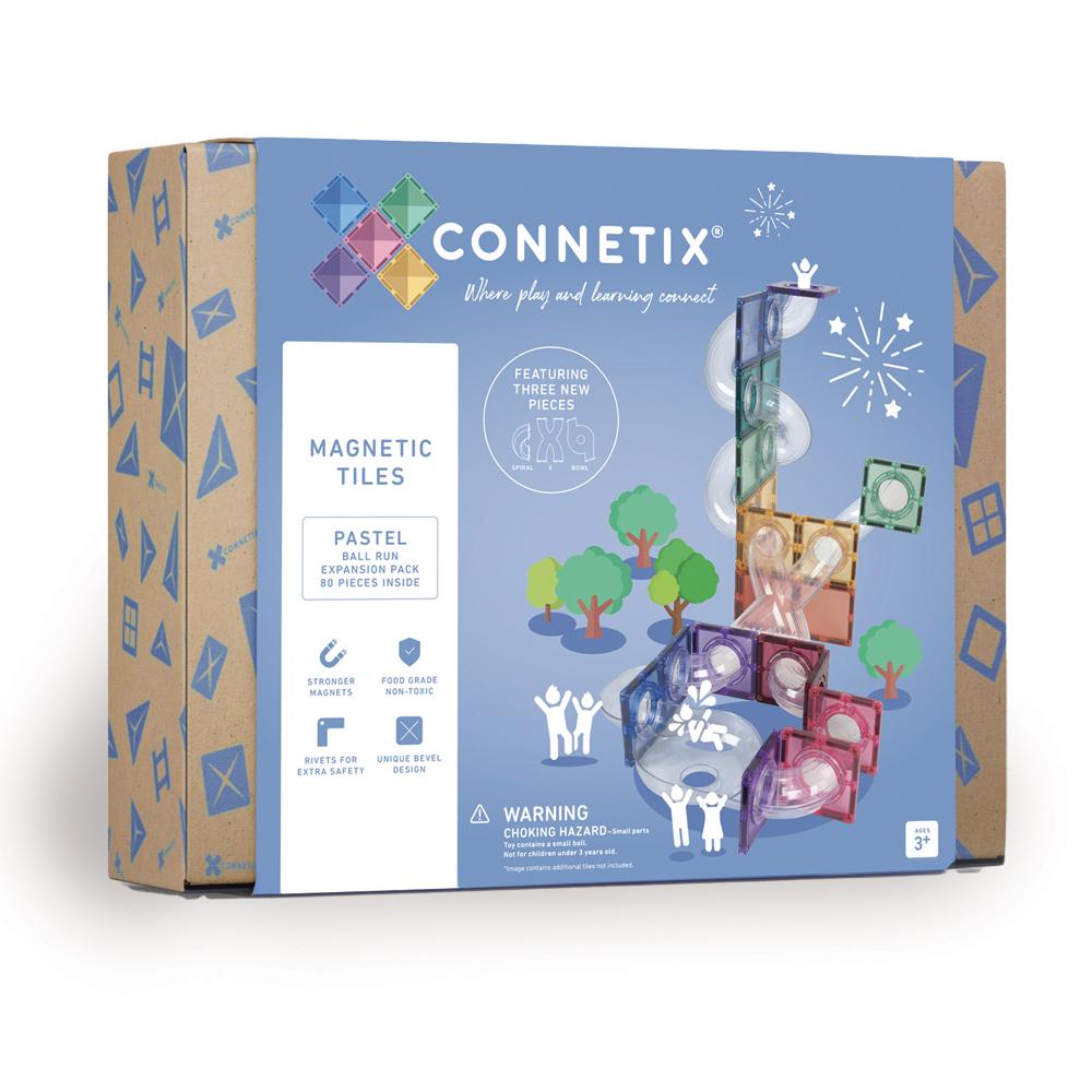 Connetix magnetic tiles packaging with colorful geometric designs on a white background