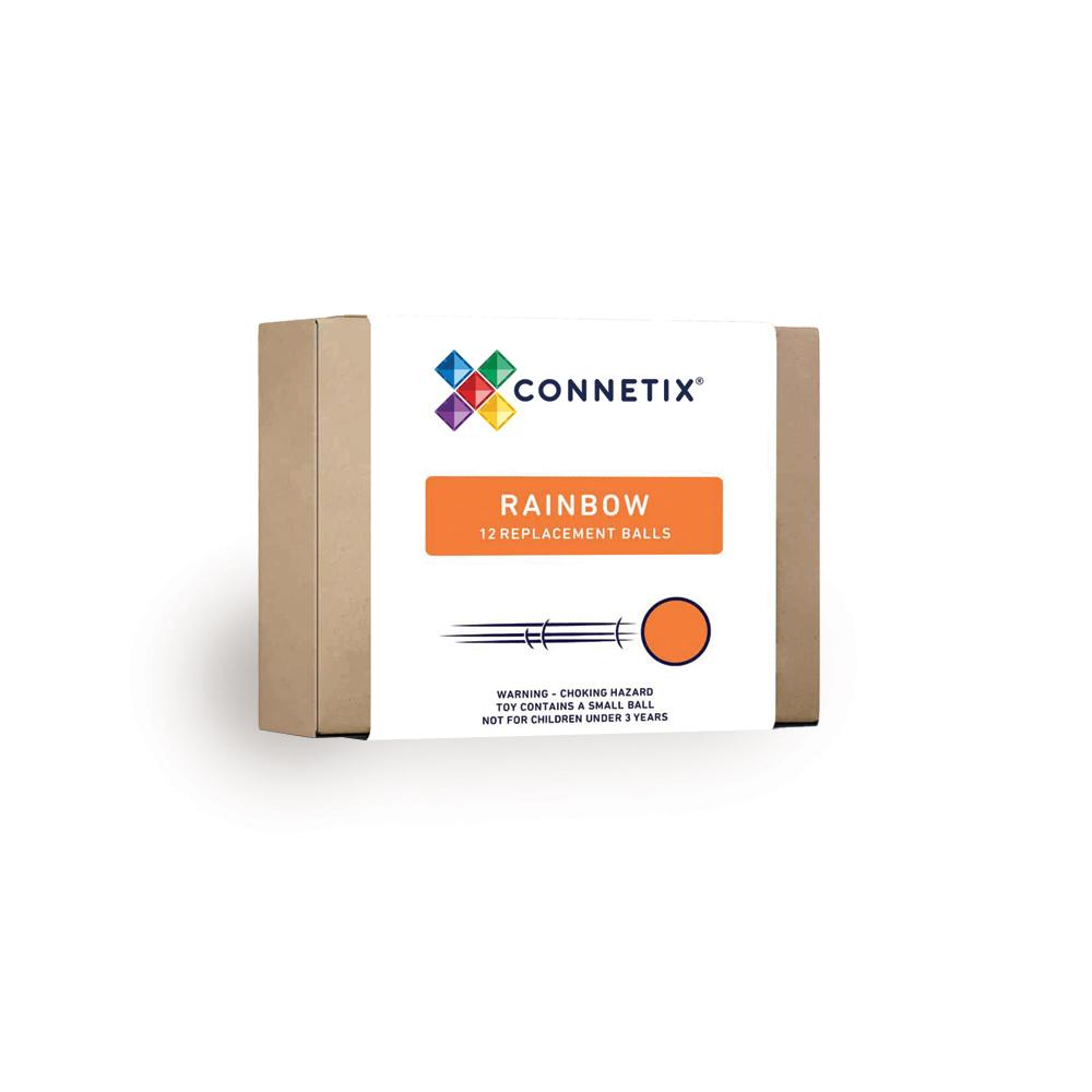 Connetix Rainbow 12 replacement balls in a brown cardboard box with a white label, shown on a plain white background.