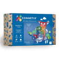 Box of Connetix magnetic tiles with colorful design and toy structure on a white background