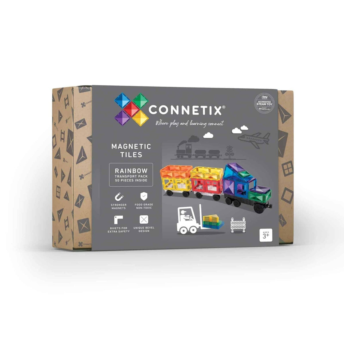 Connetix Rainbow Transport Train magnetic tiles toy set in its original retail packaging, shown on a clean white background.