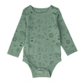 Green organic cotton baby onesie with animal pattern on a white background