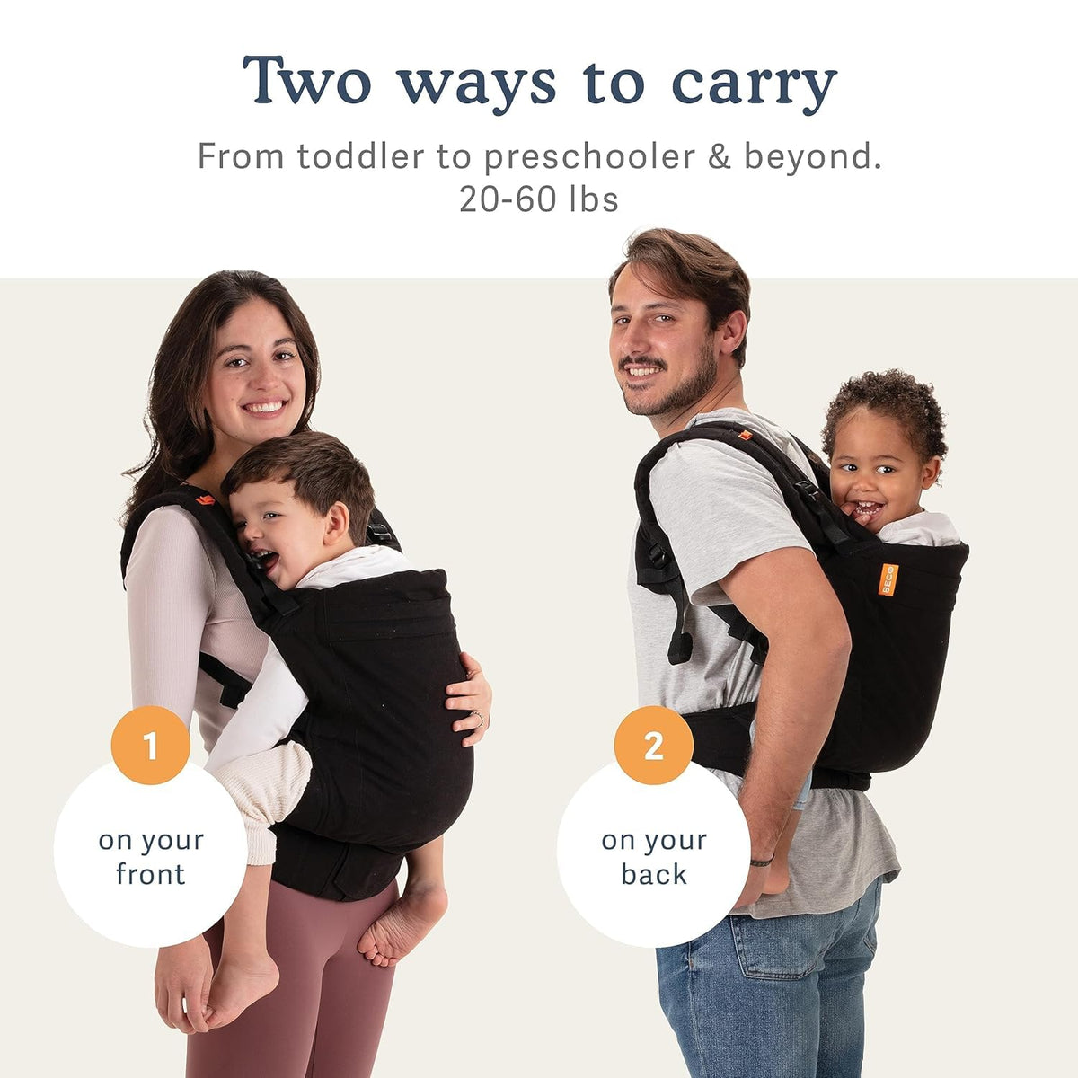 Two people using a black toddler carrier with text indicating two carrying methods and weight range.