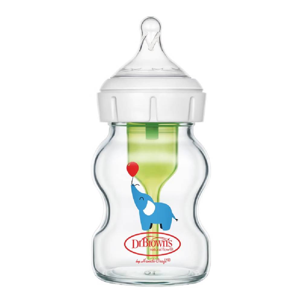 Natural Flow Anti-Colic Options+ Glass Wide Neck Bottle - Elephant
