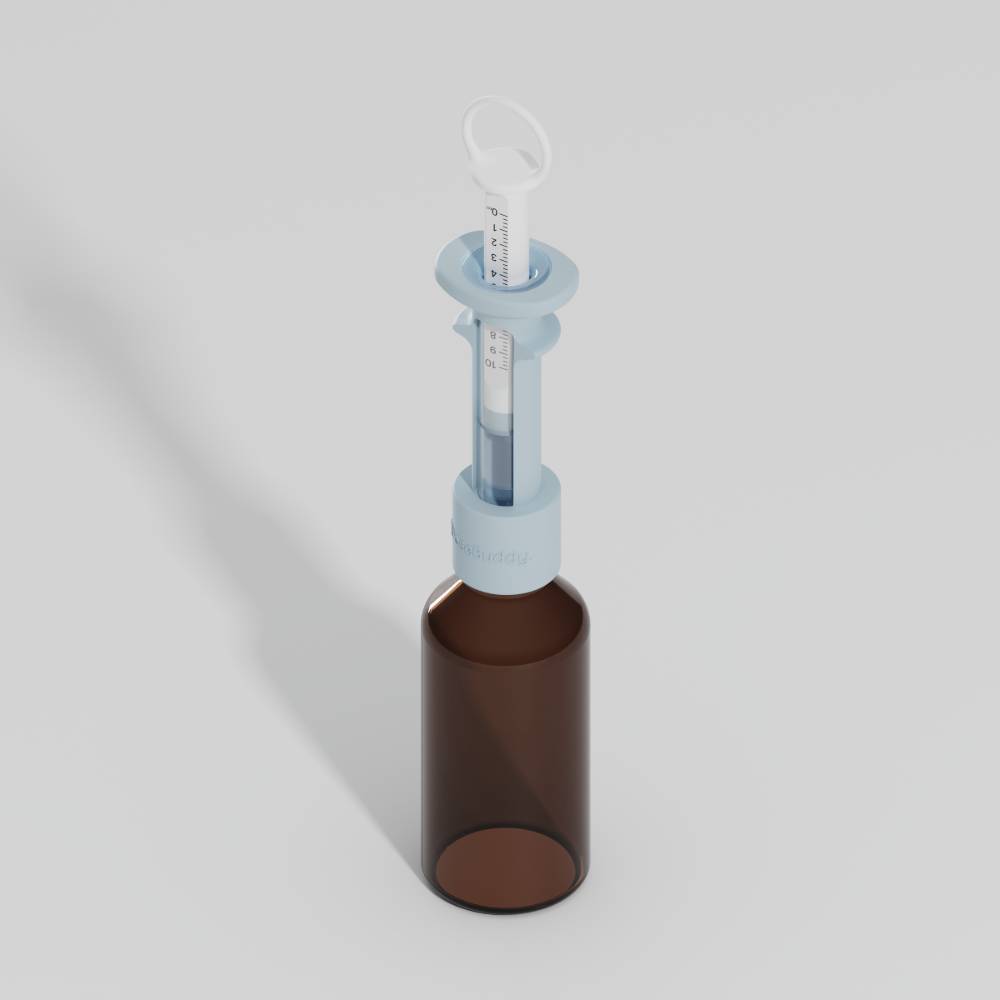 A brown amber medicine bottle with a light blue plastic syringe inserted at the top, shown on a clean light gray background.