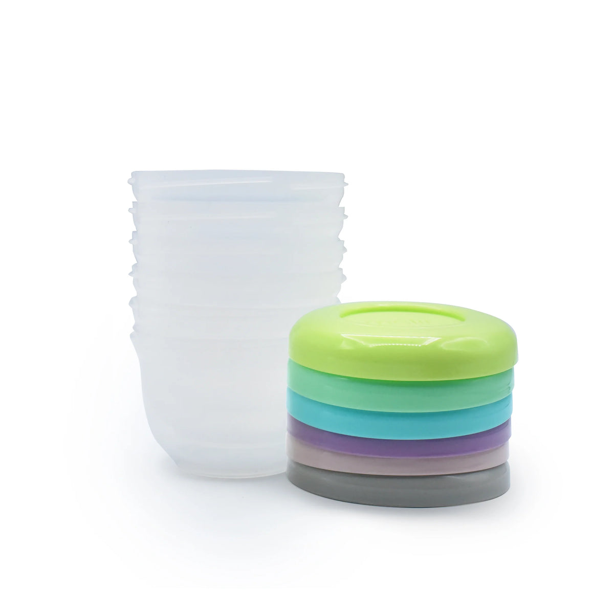 Set of colorfulplastic food storage containers on a white background