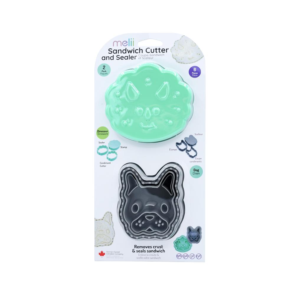Melli sandwich cutter and sealer packaging with two cookie cutters in dino and bulldog on a white background