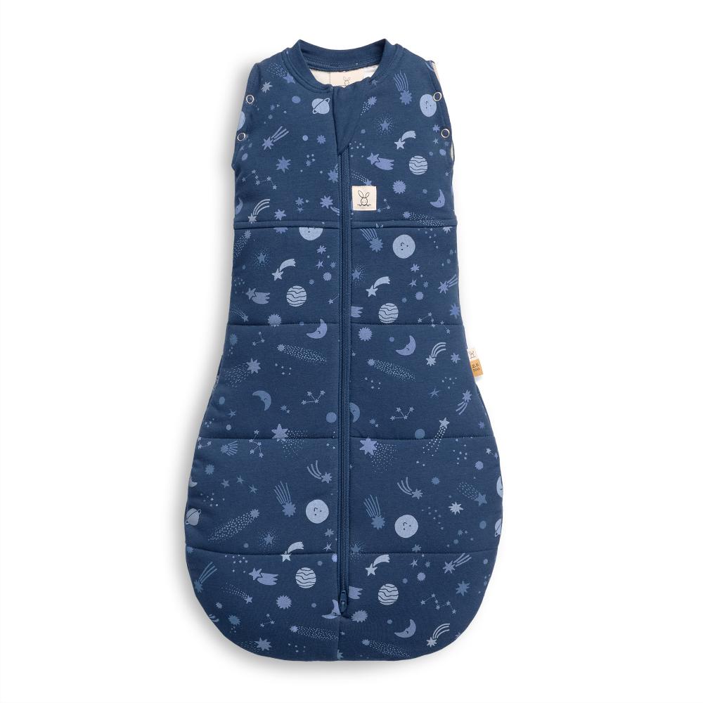 Blue baby sleeping bag with space-themed pattern on a white background