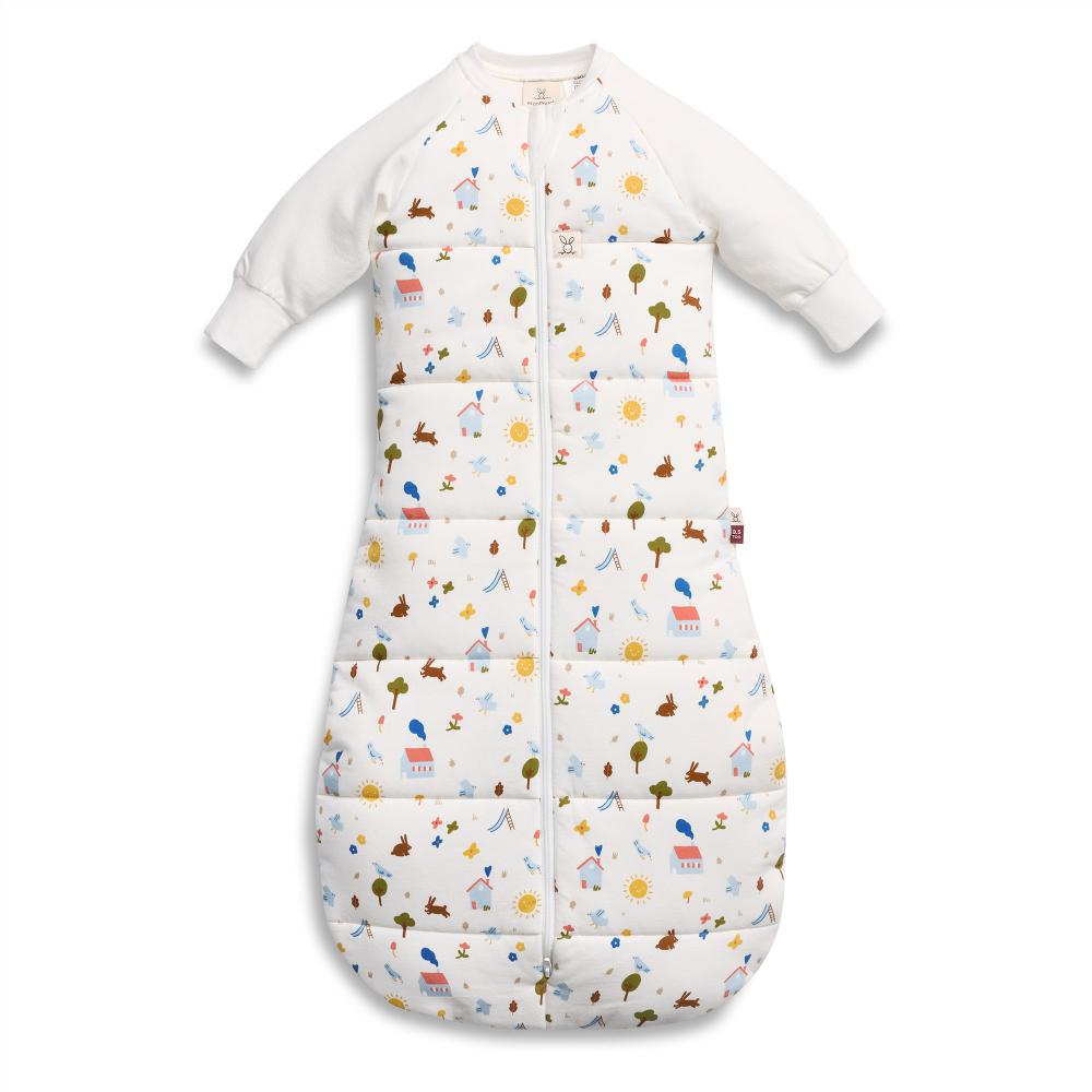 White baby sleeping bag with sleeves with bunnies on a white background