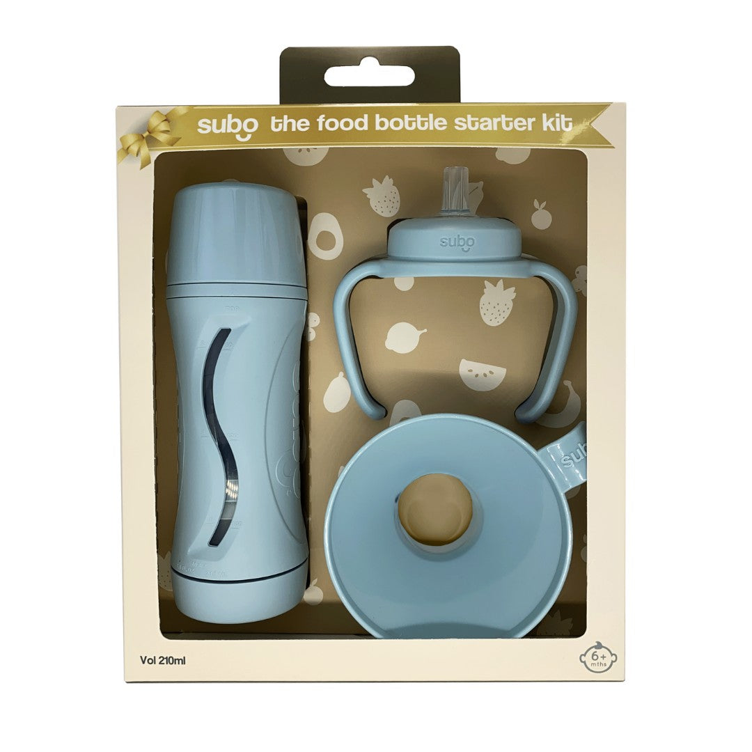 Subo food bottle starter kit packaging with blue bottle and sippy cup on a beige background