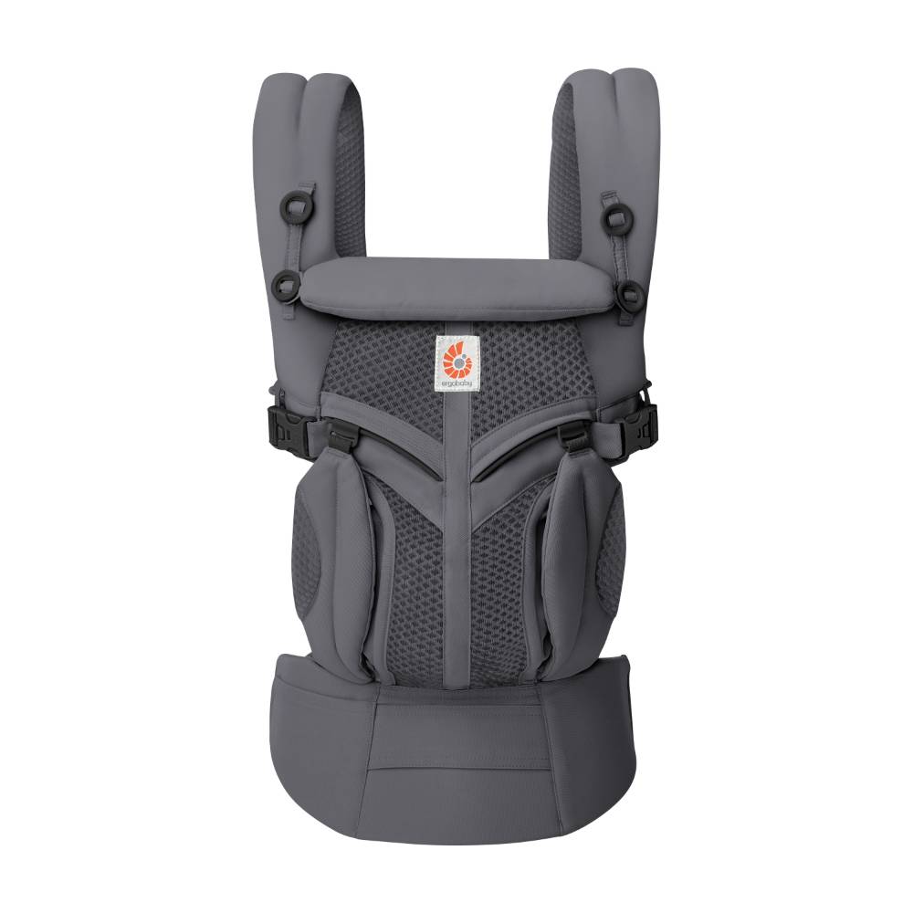 Dark grey baby carrier with brand logo on a white background