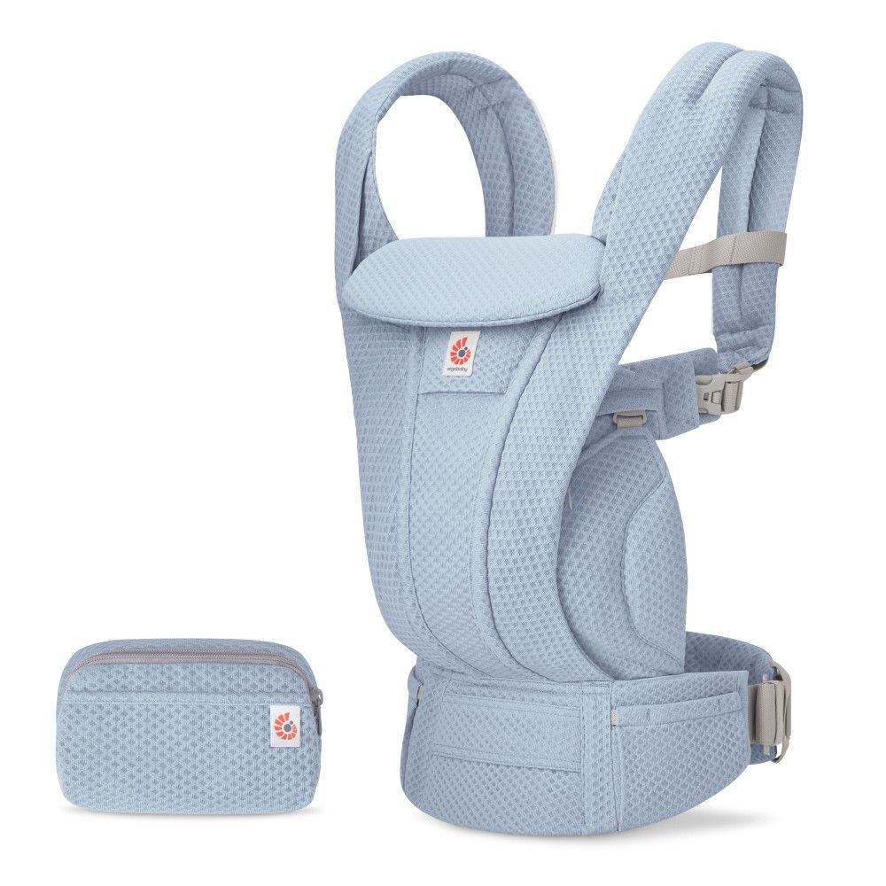 Light blue baby carrier with matching pouch on a white background