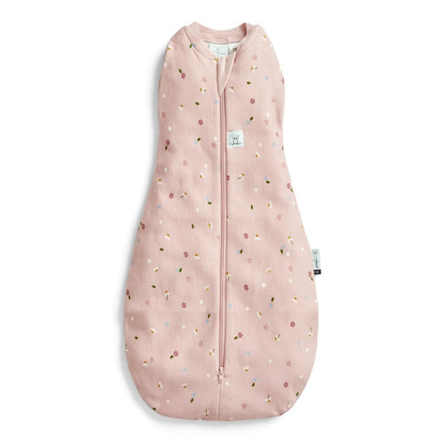 Pink baby sleeping bag with floral pattern on a white background