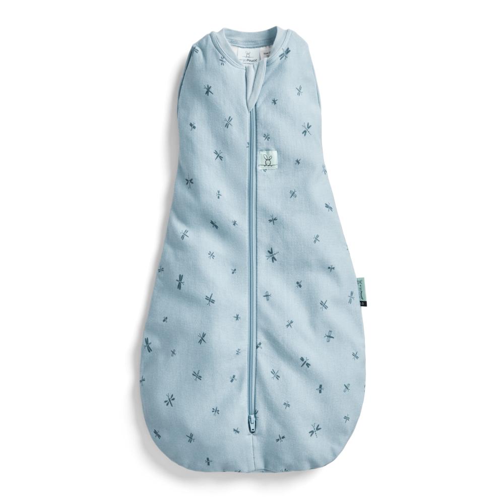 Light blue baby sleeping bag with subtle pattern on a white background