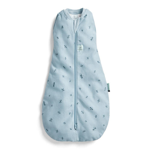 Light blue baby sleeping bag with subtle pattern on a white background