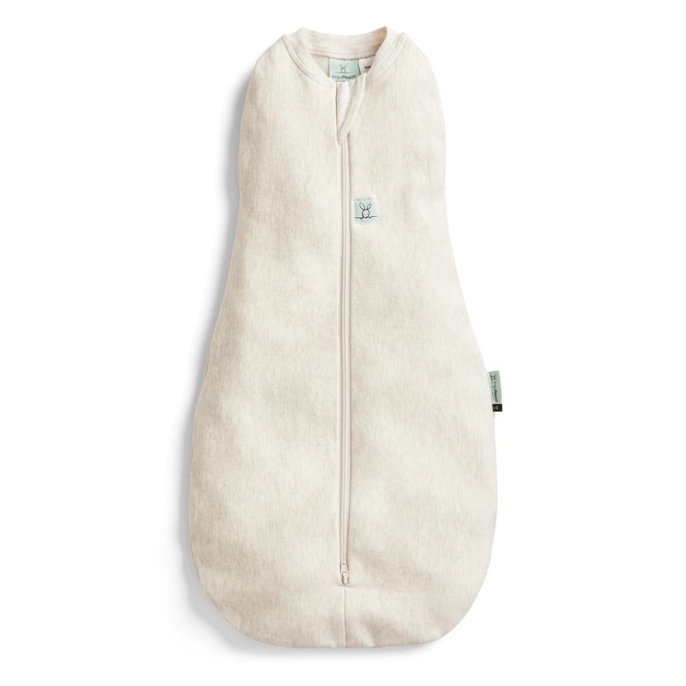 Beige baby swaddle bag with a zipper on a light gray background